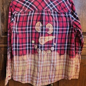 Plaid Flannel With Navy, Red, White Hand Bleached With Snowman Design Size XL